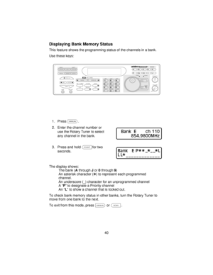 Page 40Displaying Bank Memory Status
This feature shows the programming status of the channels in a bank.
Use these keys:
1. Pressm.
2. Enter the channel number or
use the Rotary Tuner to select
any channel in the bank.
3. Press and holdcfor two
seconds.
The display shows:
The bank (AthroughJor0through9)
An asterisk character (k) to represent each programmed
channel.
An underscore (_) character for an unprogrammed channel
A“P” to designate a Priority channel
An “L” to show a channel that is locked out.
To check...