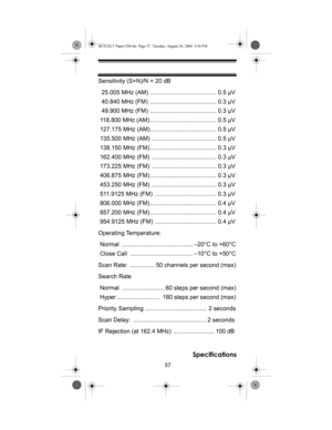 Page 5757
Specifications
Sensitivity (S+N)/N = 20 dB
  25.005 MHz (AM) ........................................ 0.5 µV
  40.840 MHz (FM)  ........................................ 0.3 µV
  49.900 MHz (FM)  ........................................ 0.3 µV
 118.800 MHz (AM) ........................................ 0.5 µV
 127.175 MHz (AM)........................................ 0.5 µV
 135.500 MHz (AM) ....................................... 0.5 µV
 138.150 MHz (FM) ........................................ 0.3 µV...