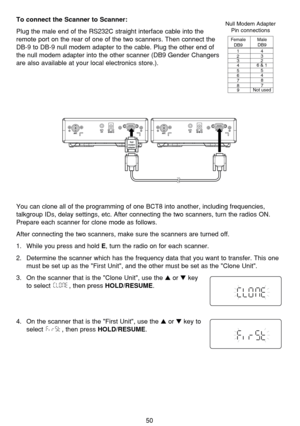 Page 5450
To connect the Scanner to Scanner:
Plug the male end of the RS232C straight interface cable into the
remote port on the rear of one of the two scanners. Then connect the
DB-9 to DB-9 null modem adapter to the cable. Plug the other end of
the null modem adapter into the other scanner (DB9 Gender Changers
are also available at your local electronics store.).
You can clone all of the programming of one BCT8 into another, including frequencies,
talkgroup IDs, delay settings, etc. After connecting the two...