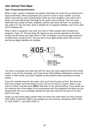 Page 6359
User Defined Fleet Maps
Type I Programming Information
When a Type I system is designed, the address information for all the IDs are divided into 8
equal sized blocks. When you program your scanner to track a Type I system, you must
select a size code for each of these blocks. When you have assigned a size code to all 8
blocks, you have defined the Fleet Map for the system youre tracking. Each size code
determines the number of Fleets, Subfleets, and IDs each block will have. For example, a
size code...