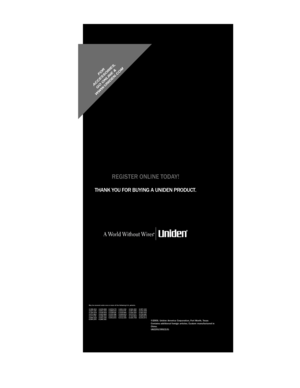 Page 156                                       
REGISTER ONLINE TODAY!
THANK YOU FOR BUYING A UNIDEN PRODUCT.
May be covered under one or more of the following U.S. patents.
4, 39 8, 30 4 4 ,4 09 , 68 8 4 ,4 55 ,6 79 4, 461 , 03 6 4, 521 , 915 4, 597 ,1 04
4, 627 ,1 00 4 ,8 41 ,3 02 4 ,8 88 ,8 15 4, 93 2, 074 4, 947, 45 6 5, 01 4, 34 8
5,199,109 5,408,692 5,428,826 5,438,688 5,448,256 5,465,402
5, 471 , 66 0 5 ,4 83 , 68 4 5 ,5 30 ,2 96 5, 54 8, 83 2 5, 571, 071 5, 574 ,9 95
5, 577 ,076 5 ,5 98 , 43 0 5 ,6 00 ,2...