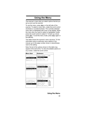 Page 4949
Using the Menu
Using the MenuThe scanner’s menu lets you select options that let you 
set up and use the scanner. 
To use the menu, press   on the left side of the 
scanner. To select a menu item, rotate the scroll control 
clockwise or counterclockwise. The currently-selected 
menu item is highlighted with a bar on the display. When 
the menu item you want to select is highlighted, briefly 
press the scroll control to select it. To back up a level, 
press  . To exit the menu mode, press   again or...