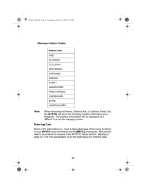 Page 3028
Distress Nature Codes
Note:When receiving a Distress, Distress Ack, or Distress Relay Call, 
the MYSTIC will save the incoming position information as a 
Waypoint. The position information will be displayed as a 
“Wreck” icon on the mapping screen.
Entering Data
Much of the information you need to take advantage of the many functions 
in your MYSTIC must be entered via the [MENU] procedures. The specific 
data to be entered is covered in the MYSTIC Setup Section, starting on 
page 32. The next...