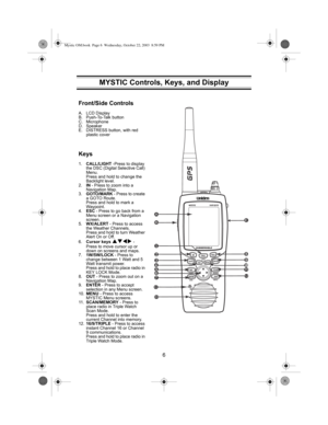 Page 86
❷
❸
❹
❺
❻
1 1
❼❽
❾
❿ ❶
B
A
12
E
C
D
1
Front/Side Controls
A. LCD Display
B. Push-To-Talk button
C. Microphone
D. Speaker
E. DISTRESS button, with red 
plastic cover
Keys
1.CALL/LIGHT -Press to display 
the DSC (Digital Selective Call) 
Menu.
Press and hold to change the 
Backlight level.
2.IN - Press to zoom into a 
Navigation Map.
3.GOTO/MARK - Press to create 
a GOTO Route.
Press and hold to mark a 
Waypoint.
4.ESC - Press to go back from a 
Menu screen or a Navigation 
screen.
5.WX/ALERT - Press to...