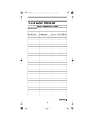 Page 9393
Planning
Racing System Worksheet
Race Nam e   
Car #/Driver Frequenc y P riority CTCS S /DCSRacing System Worksheet
SC230 Paper OM.fm  Page 93  Wednesday, October 6, 2004  10:51 AM 