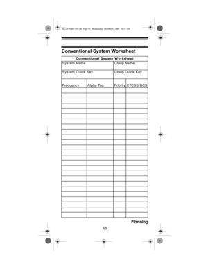 Page 9595
Planning
Conventional System Worksheet
System Name    Group Name
System Quick Key Group Quick Key
Frequenc y A lpha Tag P riority CTCS S /DCSConventional System Worksheet
SC230 Paper OM.fm  Page 95  Wednesday, October 6, 2004  10:51 AM 