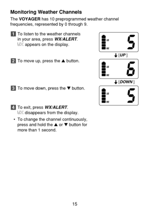 Page 17Monitoring Weather Channels
The VOYAGERhas 10 preprogrammed weather channel 
frequencies, represented by 0 through 9.
To listen to the weather channels 
in your area, press 
WX/ALERT. 
WXappears on the display.
To move up, press the button.
To move down, press the button.
To exit, press 
WX/ALERT. 
WXdisappears from the display.
• To change the channel continuously,
press and hold the or button for
more than 1 second.4
3
2
1
15
[UP ]
[
DOWN ] 