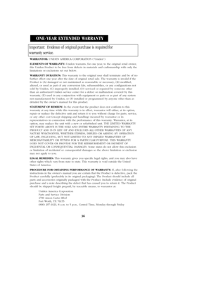 Page 3936
WARRANTOR:UNIDEN AMERICA CORPORATION (“Uniden”)
ELEMENTS OF WARRANTY: Uniden warrants, for one year, to the original retail owner,
this Uniden Product to be free from defects in materials and craftsmanship with only the
limitations or exclusions set out below.
WARRANTY DURATION:This warranty to the original user shall terminate and be of no
further effect one year after the date of original retail sale. The warranty is invalid if the
Product is (A) damaged or not maintained as reasonable or necessary,...