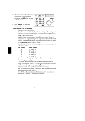 Page 1411
5. The scanner automatically starts scanning. 
But if you have not programmed any
channels yet, press WXto hear your local 
weather broadcast.
6. Adjust VOLUMEto a comfortable 
listening level.
Programming Tips for scanner
Program one frequency per channel.Channel 1 is the location of the default priority channel. Program the most important
frequency, or the one of major interest, into Channel 1. You may also select any other
channel to be the priority channel. 
To quickly program a series of...