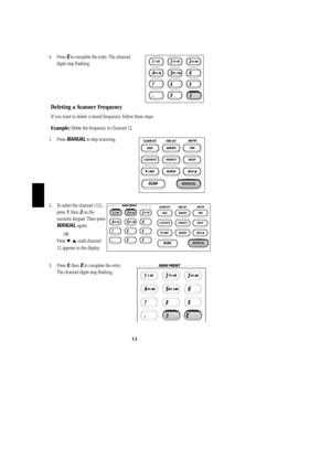 Page 164. Press Eto complete the entry. The channel .           
digits stop flashing.
Deleting a Scanner Frequency
If you want to delete a stored frequency, follow these steps:
Example:Delete the frequency in Channel 12. 
1. Press MANUALto stop scanning.                    
2. To select the channel (12),   
press 1, then 2on the
numeric keypad. Then press
MANUALagain.
OR
Press 
/ until channel
12 appears in the display.
3. Press0, then Eto complete the entry.          
The channel digits stop flashing.
13...