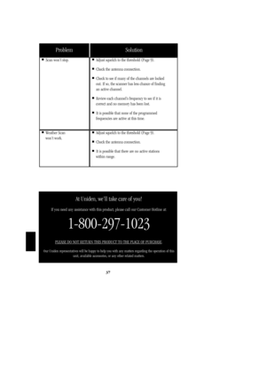 Page 4037
ProblemSolution
Scan won’t stop.Adjust squelch to the threshold (Page 9).
Check the antenna connection.
Check to see if many of the channels are locked 
out. If so, the scanner has less chance of finding 
an active channel.
Review each channel’s frequency to see if it is 
correct and no memory has been lost.
It is possible that none of the programmed 
frequencies are active at this time.
Weather Scan 
won’t work.Adjust squelch to the threshold (Page 9).
Check the antenna connection.
It is...