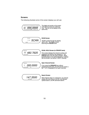 Page 11Screens
The following illustrate some of the screen displays you will use:
888.8888HOLD SCAN SRCH  L/O MEMO LOSS88
PRIVATE POLICE FIRE/EMG WX AIR MRN
SCANSCANPOLICE
482.7625HOLD SCAN 
15
PRIVATE 
000.0000HOLD SCAN  L/O 
1
PRIVATE 
147.3500SRCH st
11 