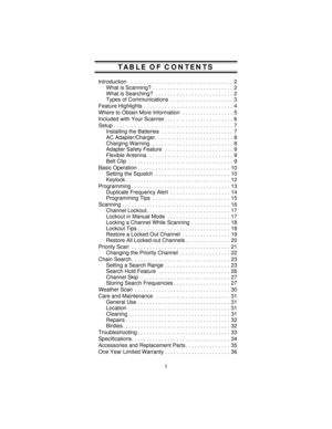 Page 1TABLE OF CONTENTS
Introduction . . . . . . . . . . . . . . . . . . . . . . . . . . . . . . . . . . . 2
What is Scanning? . . . . . . . . . . . . . . . . . . . . . . . . . . . 2
What is Searching? . . . . . . . . . . . . . . . . . . . . . . . . . . 2
Types of Communications . . . . . . . . . . . . . . . . . . . . . 3
Feature Highlights . . . . . . . . . . . . . . . . . . . . . . . . . . . . . . 4
Where to Obtain More Information . . . . . . . . . . . . . . . . . 5
Included with Your Scanner . . . . . . ....
