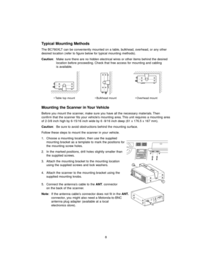 Page 168
Typical Mounting Methods
The BC780XLT can be conveniently mounted on a table, bulkhead, overhead, or any other
desired location (refer to figure below for typical mounting methods).
Caution: Make sure there are no hidden electrical wires or other items behind the desired
location before proceeding. Check that free access for mounting and cabling 
is available.
Mounting the Scanner in Your Vehicle
Before you mount the scanner, make sure you have all the necessary materials. Then
confirm that the scanner...