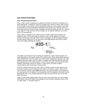 Page 8779
User Defined Fleet Maps
Type I Programming Information
When a Type I system is designed, the address information for all the IDs is divided into 8
equal sized blocks, numbered 07. When you program your scanner to track a Type I system,
you must select a size code for each of these blocks. When you have assigned a size code
to all 8 blocks, youll have defined the Fleet Map for the system youre tracking. Each size
code determines the number of Fleets, Subfleets, and IDs each block will have. For...