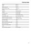 Page 69Height 820 mm
Width 595 mm
Depth without lid 575 mm
Depth with door open 1180 mm
Weight 94 kg
Capacity 5 kg dry laundry
Voltage see data plate
Connected load see data plate
Fuse rating see data plate / plug
Consumption data see "Consumption data"
Water flow pressure minimum 100 kPa (1 bar)
Water flow pressure maximum 1.000 kPa (10 bar)
Inlet hose length 1.60 m
Drain hose length 1.50 m
Mains connection cable length 1.60 m
Delivery head max. 1.00 m
Maximum drainage length 5.00 m
LEDs Class 1
Test...