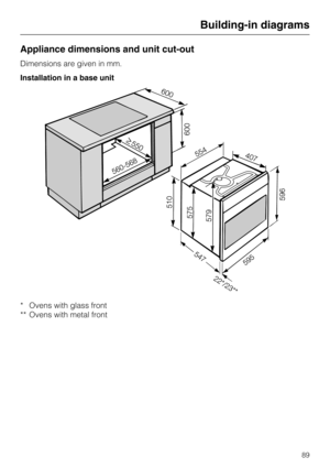 Page 89Appliance dimensions and unit cut-out
Dimensions are given in mm.
Installation in a base unit
* Ovens with glass front
** Ovens with metal front
Building-in diagrams
89 