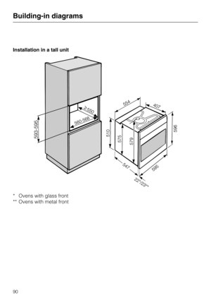 Page 90Installation in a tall unit
* Ovens with glass front
** Ovens with metal front
Building-in diagrams
90 