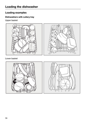 Page 36Loading the dishwasher
36Loading examples
Dishwashers with cutlery tray
Upper basket
Lower basket     