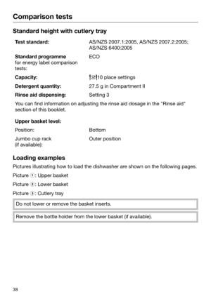 Page 38Comparison tests
38Standard height with cutlery tray
Test standard: AS/NZS 2007.1:2005, AS/NZS 2007.2:2005;
AS/NZS 6400:2005
Standard programme
for ener gy label comparison
tests: ECO
Capacity: 10 place settings
Detergent quantity: 27.5 g in Compartment II
Rinse aid dispensing: Setting 3
You can find information on adjusting the rinse aid dosage in the "Rinse aid"
section of this booklet. Upper basket level:
Position: Bottom
Jumbo cup rack 
(if available): Outer position
Loading examples...