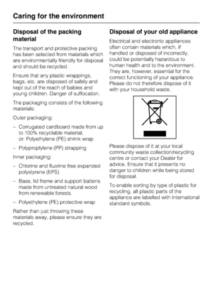 Page 12Disposal of the packing
material
The transport and protective packing
has been selected from materials which
are environmentally friendly for disposal
and should be recycled.
Ensure that any plastic wrappings,
bags, etc. are disposed of safely and
kept out of the reach of babies and
young children. Danger of suffocation.
The packaging consists of the following
materials:
Outer packaging:
– Corrugated cardboard made from up
to 100% recyclable material,
or: Polyethylene (PE) shrink wrap
– Polyproplylene...