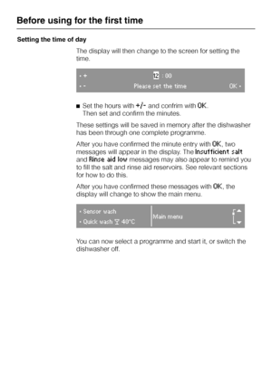 Page 16Setting the time of day
The display will then change to the screen for setting the
time.
}+12
:00
}-Please set the time OK}
^Set the hours with+/-and confrim withOK.
Then set and confirm the minutes.
These settings will be saved in memory after the dishwasher
has been through one complete programme.
After you have confirmed the minute entry with
OK, two
messages will appear in the display. The
Insufficient salt
andRinse aid lowmessages may also appear to remind you
to fill the salt and rinse aid...