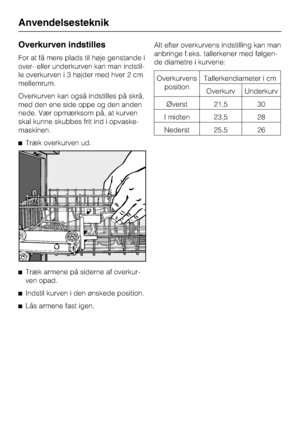 Page 26Overkurven indstilles
For at få mere plads til høje genstande i
over- eller underkurven kan man indstil
-
le overkurven i 3 højder med hver 2 cm
mellemrum.
Overkurven kan også indstilles på skrå,
med den ene side oppe og den anden
nede. Vær opmærksom på, at kurven
skal kunne skubbes frit ind i opvaske
-
maskinen.
^Træk overkurven ud.
^
Træk armene på siderne af overkur-
ven opad.
^
Indstil kurven i den ønskede position.
^
Lås armene fast igen.Alt efter overkurvens indstilling kan man
anbringe f.eks....