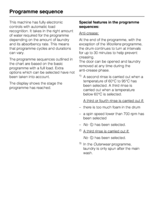 Page 24This machine has fully electronic
controls with automatic load
recognition. It takes in the right amount
of water required for the programme
depending on the amount of laundry
and its absorbency rate. This means
that programme cycles and durations
can vary.
The programme sequences outlined in
the chart are based on the basic
programme with a full load. Extra
options which can be selected have not
been taken into account.
The display shows the stage the
programme has reached.Special features in the...