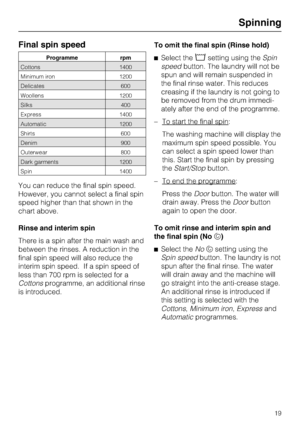 Page 19Final spin speed
Programme rpm
Cottons 1400
Minimum iron 1200
Delicates 600
Woollens 1200
Silks 400
Express 1400
Automatic 1200
Shirts 600
Denim 900
Outerwear 800
Dark garments 1200
Spin 1400
You can reduce the final spin speed.
However, you cannot select a final spin
speed higher than that shown in the
chart above.
Rinse and interim spin
There is a spin after the main wash and
between the rinses. A reduction in the
final spin speed will also reduce the
interim spin speed. If a spin speed of
less than...