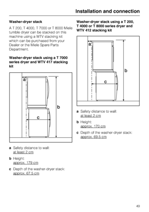 Page 49Washer-dryer stack
A T 200, T 4000, T 7000 or T 8000 Miele
tumble dryer can be stacked on this
machine using a WTV stacking kit
which can be purchased from your
Dealer or the Miele Spare Parts
Department.
Washer-dryer stack using a T 7000
series dryer and WTV 417 stacking
kit
aSafety distance to wall:
at least 2 cm
bHeight:
approx. 179 cm
cDepth of the washer-dryer stack:
approx. 67.5 cm
Washer-dryer stack using a T 200,
T 4000 or T 8000 series dryer and
WTV 412 stacking kit
aSafety distance to wall:
at...