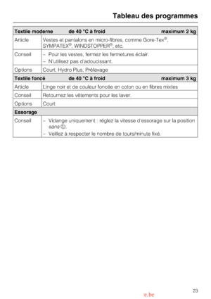 Page 23Textile moderne de 40 °C à froid maximum 2 kg
Article Vestes et pantalons en micro-fibres, comme Gore-Tex
®,
SYMPATEX®, WINDSTOPPER®, etc.
Conseil
–Pour les vestes, fermez les fermetures éclair.
–Nutilisez pas dadoucissant.
Options Court, Hydro Plus, Prélavage
Textile foncé de 40 °C à froid maximum 3 kg
Article Linge noir et de couleur foncée en coton ou en fibres mixtes
Conseil Retournez les vêtements pour les laver.
Options Court
Essorage
Conseil – Vidange uniquement : réglez la vitesse dessorage sur...