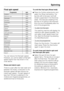 Page 23Final spin speed
Programme rpm
Cottons 1600
Minimum iron 1200
Delicates 600
Woollens 1200
Automatic 1200
Shirts 600
Express 1600
Denim 900
Hygiene 1600
Dark garments 1200
Curtains 600
Pillows 1200
Silks 400
Sportswear 1200
Outerwear 800
First wash 1200
Proofing 1000
Drain / Spin 1600
Separate rinse 1200
Starch 1500
You can reduce the final spin speed.
However, you cannot select a final spin
speed higher than that shown in the
chart above.
Rinse and interim spin
There is a spin after the main wash and...