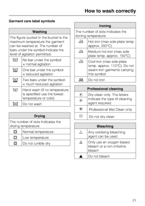 Page 21Garment care label symbols
Washing
The figure quoted in the bucket is the
maximum temperature the garment
can be washed at. The number of
bars under the symbol indicate the
level of agitation permitted.
9No bar under the symbol:
= normal agitation
4One bar under the symbol:
= reduced agitation
cTwo bars under the symbol:
= much reduced agitation
/Hand wash (if no temperature
is specified use the lowest
temperature or cold)
hDo not wash
Drying
The number of dots indicates the
drying temperature
qNormal...