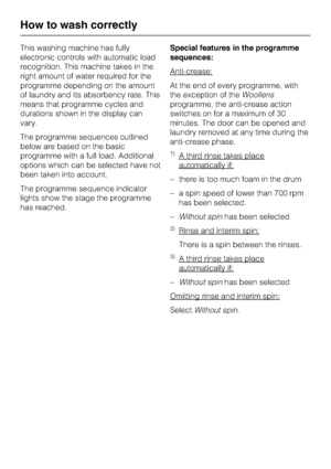 Page 30This washing machine has fully
electronic controls with automatic load
recognition. This machine takes in the
right amount of water required for the
programme depending on the amount
of laundry and its absorbency rate. This
means that programme cycles and
durations shown in the display can
vary.
The programme sequences outlined
below are based on the basic
programme with a full load. Additional
options which can be selected have not
been taken into account.
The programme sequence indicator
lights show...