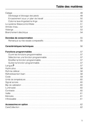 Page 5Calage..........................................................49
Dévissage et blocage des pieds...................................49
Encastrement sous un plan de travail...............................50
Colonne lave-linge/sèche-linge....................................50
Le système Watercontrol Miele.......................................51
Arrivée d'eau.....................................................52
Vidange.........................................................53
Branchement...