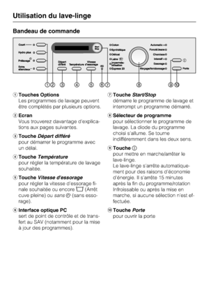 Page 10Bandeau de commande
Touches Options
Les programmes de lavage peuvent
être complétés par plusieurs options.
Ecran
Vous trouverez davantage d'explica-
tions aux pages suivantes.
ToucheDépart différé
pour démarrer le programme avec
un délai.
ToucheTempérature
pour régler la température de lavage
souhaitée.
ToucheVitesse dessorage
pour régler la vitesse d'essorage fi-
nale souhaitée ou encore(Arrêt
cuve pleine) ousans(sans esso-
rage).
Interface optique PC
sert de point de contrôle et de...