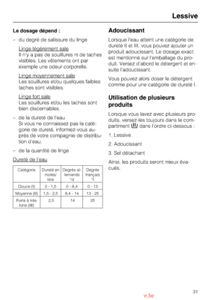 Page 31Le dosage dépend :
–du degré de salissure du linge
Linge légèrement sale
Il ny a pas de souillures ni de taches
visibles. Les vêtements ont par
exemple une odeur corporelle.
Linge moyennement sale
Les souillures et/ou quelques faibles
taches sont visibles.
Linge fort sale
Les souillures et/ou les taches sont
bien discernables.
– de la dureté de leau
Si vous ne connaissez pas la caté-
gorie de dureté, informez-vous au-
près de votre compagnie de distribu-
tion deau.
– de la quantité de linge
Dureté de...