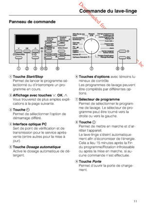 Page 11 Downloaded from www.vandenborre.be
Panneau de commande
ToucheStart/Stop
Permet de lancer le programme sé-
lectionné ou d’interrompre un pro-
gramme en cours.
Affichage avec touches,OK,
Vous trouverez de plus amples expli-
cations à la page suivante.
Touche
Permet de sélectionner l'option de
démarrage différé.
Interface optique PC
Sert de point de vérification et de
transmission pour le service après-
vente (entre autres pour la mise à
jour).
ToucheDosage automatique
Active le dosage...