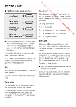 Page 16 Downloaded from www.vandenborre.be
Het kiezen van extra functies
Kies de gewenste extra functie met
de overeenkomstige toets. Als een
extra functie wordt geselecteerd,
gaat het bijhorende controlelampje
branden.
U kunt niet alle extra functies bij alle
wasprogrammas kiezen.
Kunt u een bepaalde extra functie niet
kiezen, dan is die voor het waspro-
gramma niet toegelaten.
Kort
Voor lichtjes vuil wasgoed zonder zicht-
bare vlekken.
De duur van de hoofdwas wordt inge-
kort.
Extra water
Het waterpeil...