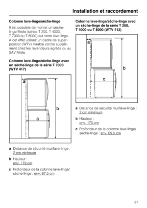 Page 51Colonne lave-linge/sèche-linge
Il est possible de monter un sèche-
linge Miele (séries T 200, T 4000,
T 7000 ou T 8000) sur votre lave-linge.
A cet effet utilisez un cadre de super
-
position (WTV) livrable contre supplé
-
ment chez les revendeurs agréés ou au
SAV Miele.
Colonne lave-linge/sèche-linge avec
un sèche-linge de la série T 7000
(WTV 417)
aDistance de sécurité mur/lave-linge :
2 cm minimum
bHauteur :
env. 179 cm
cProfondeur de la colonne lave-linge/
sèche-linge : env. 67,5 cm
Colonne...