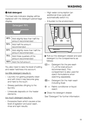 Page 19EAdd detergent
The load size indicator display will be
replaced with the detergent percentage
display.
Detergent 75%
A
40%Add slightly less than half the
amount recommended . . .
50%Add half the amount
recommended . . .
60%Add slightly more than half the
amount recommended . . .
75%Add three quarters of the
amount recommended . . .
100%Add the full amount
You also need to take the level of soiling
and water hardness into account.
too little detergent results in:
–
Laundry not getting properly clean
and...