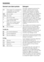 Page 30Garment care label symbols
/Hand wash (If no temperature
is specified use the lowest
temperature or cold)
hDo not wash
apfDry clean
DDo not dry clean
xAny oxidising bleaching
agent can be used
{Only use an oxygen based
bleach or a non-chlorine
bleach
zDo not bleach
Tumble dry
qAt normal temperature
rAt low temperature
sDo not tumble dry
Ironing
IHot iron
HMedium hot iron
GCool iron
JDo not iron
Detergent
All modern detergents produced for
automatic washing machines are
suitable, including liquid,...