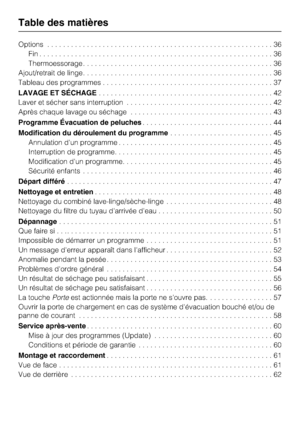 Page 4Options.........................................................36
Fin...........................................................36
Thermoessorage................................................36
Ajout/retrait de linge................................................36
Tableau des programmes...........................................37
LAVAGE ET SÉCHAGE............................................42
Laver et sécher sans interruption.....................................42
Après chaque lavage ou...