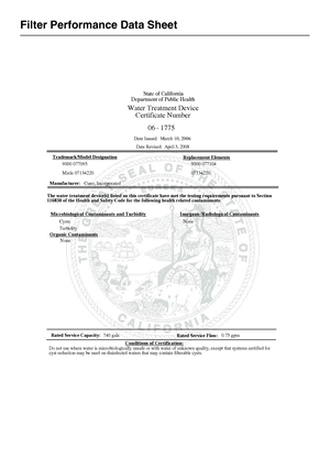 Page 40Filter Performance Data Sheet
40
State of California
Department of Public Health
Water Treatment Device
Certificate Number
Date Issued:  March 10, 2006
T
rademark/ModelDesignationReplacementElements
Date Revised:  April 3, 2008
177506 -
9000 077095 9000 077104
Miele 07134220 07134220
Manufacturer:Cuno, Incorporated
T
hewatertreatment device(s)listedonthiscertificatehavemetthetestingrequirements pursuant toSection116830of theHealth andSafetyCodefor thefollowinghealth related contaminants:
Cysts...