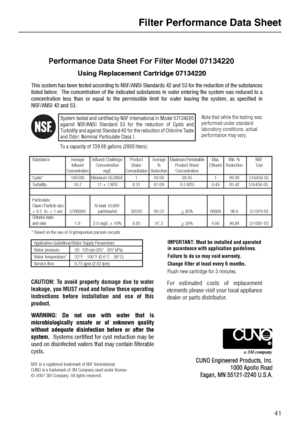 Page 41Filter Performance Data Sheet
41
To a capacity of 739.68 gallons (2800 liters).
* Based on the use of Cryptosporium parvum oocysts
Performance Data Sheet For Filter Model 07134220
System tested and certified by NSF International in Model 07134220 
against NSF/ANSI Standard 53 for the reduction of Cysts and 
Turbidity and against Standard 42 for the reduction of Chlorine Taste 
and Odor; Nominal Particulate Class I.
This system has been tested according to NSF/ANSI Standards 42 and 53 for the reduction of...