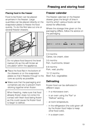 Page 19Placing food in the freezer
Food to be frozen can be placed
anywhere in the freezer. Large
quantities can be placed directly on the
evaporator plates to freeze the food
quickly. To do this first take out one or
several freezer drawers.
Do not place food beyond the level
marked (A) as this will hinder air
circulation within the appliance.
Place the food flat in the bottom of
the drawers or on the evaporator
plates so that it freezes through to the
core as quickly as possible.

Make sure that the...