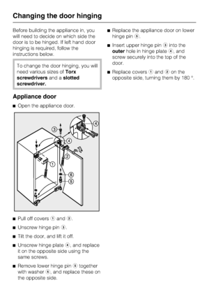 Page 32Before building the appliance in, you
will need to decide on which side the
door is to be hinged. If left hand door
hinging is required, follow the
instructions below.
To change the door hinging, you will
need various sizes ofTorx
screwdriversand aslotted
screwdriver.
Appliance door
^Open the appliance door.
^
Pull off coversaandb.
^
Unscrew hinge pinc.
^
Tilt the door, and lift it off.
^
Unscrew hinge plated, and replace
it on the opposite side using the
same screws.
^
Remove lower hinge pinetogether...