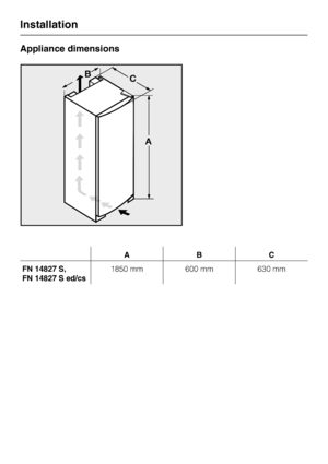 Page 40Appliance dimensions
ABC
FN 14827 S,
FN 14827 S ed/cs1850 mm 600 mm 630 mm
Installation
40
 