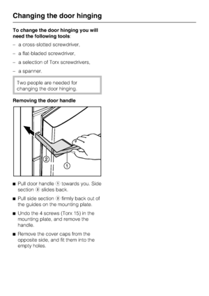 Page 48To change the door hinging you will
need the following tools:
–a cross-slotted screwdriver,
–a flat-bladed screwdriver,
–a selection of Torx screwdrivers,
–a spanner.
Two people are needed for
changing the door hinging.
Removing the door handle
^
Pull door handleatowards you. Side
sectionbslides back.
^
Pull side sectionbfirmly back out of
the guides on the mounting plate.
^
Undo the 4 screws (Torx 15) in the
mounting plate, and remove the
handle.
^
Remove the cover caps from the
opposite side, and fit...