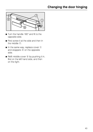 Page 43^Turn the handle 180° and fit to the
opposite side.
^First screw it at the side and then in
the middleg.
^In the same way, replace covera
and stoppersbon the opposite
side.
^Refit middle covercby pushing it in,
first on the left hand side, and then
on the right.
Changing the door hinging
43
 